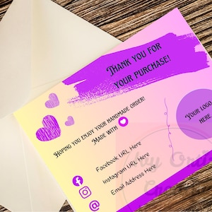 Zakelijk bedankt voor je aankoop kaartsjabloon 5,5 x 4,25 in kleurrijke paarse harten logo digitale pdf-link bewerken gratis in canva lage prijs