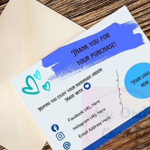 Zakelijk bedankt voor je aankoop Kaartsjabloon 5,5 x 4,25 in kleurrijke blauwe harten logo digitale pdf met gratis linkbewerking in Canva lage prijs