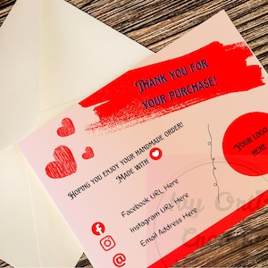 Zakelijk bedankt voor je aankoop Kaartsjabloon 5,5 x 4,25 in kleurrijke rode harten logo digitale pdf met gratis bewerken van link in Canva lage prijs