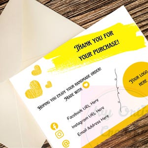Zakelijk bedankt voor je aankoop Kaartsjabloon 5,5 x 4,25 in kleurrijke gele harten logo digitale pdf met gratis linkbewerking in Canva lage prijs