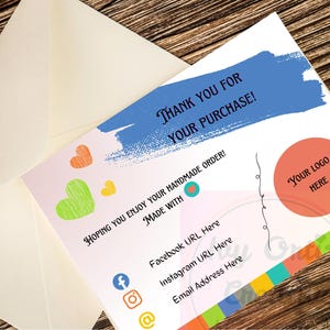 Zakelijk bedankt voor je aankoop kaartsjabloon 5,5 x 4,25 in kleurrijke babykleuren harten logo digitale pdf-link gratis bewerken in canva lage prijs