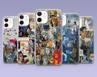 May include: A collection of five iPhone cases featuring colorful artwork inspired by Pablo Picasso. Each case displays a different collage of Picasso's art, with text that reads "Pablo Picasso" and "Picasso". The cases are displayed against a purple background.