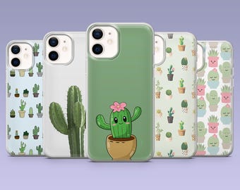 May include: Set of five phone cases featuring different cactus designs. The cases are clear and show a variety of cacti in different colors and styles. One case features a cartoon cactus with a smiling face.