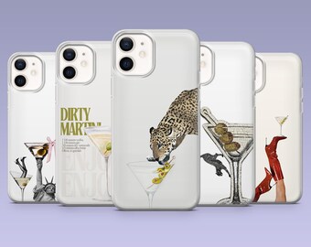 Puede incluir: Colección de cinco fundas transparentes para teléfono con varios diseños temáticos de martini. Los diseños incluyen un leopardo bebiendo un martini, una copa de martini con aceitunas y el texto "Dirty Martini".