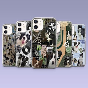 May include: Five clear phone cases featuring collage designs of black and white Border Collie dogs. The designs include various photographs of dogs, vinyl records, star shapes, and a sign that reads LEAVE NOTHING BUT FOOTPRINT KILL NOTHING BUT TIME.