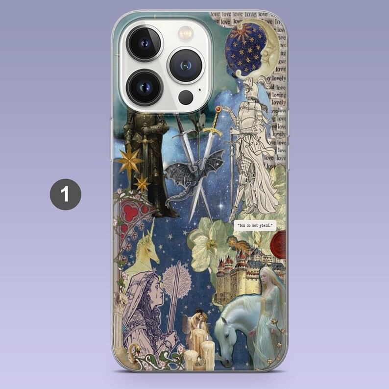May include: A phone case with a collage design featuring a knight, a unicorn, a dragon, and a castle. The case has a blue background with text that says "love" and the phrase "You do not yield."