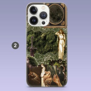 May include: A clear phone case featuring a collage of vintage art. The design includes a sword, a statue of a woman in a white dress, and a framed image of a moon. The background is a mix of green and gold.