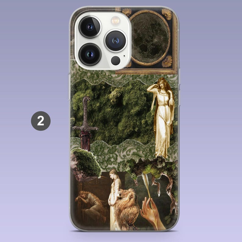 May include: A clear phone case featuring a collage of vintage art. The design includes a sword, a statue of a woman in a white dress, and a framed image of a moon. The background is a mix of green and gold.