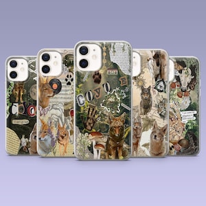 May include: A collection of phone cases with unique designs. Each case features a collage of images, including coyotes, text, and natural elements. The cases have a variety of colors, including brown, green, and beige.