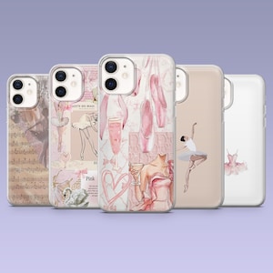 Könnte beinhalten: Fünf Handyhüllen mit Ballettthemen. Die Hüllen zeigen Illustrationen von Ballerinas, Ballettschuhen, Noten und Champagnergläsern in Rosa- und Weißtönen. Die Hüllen werden vor einem lavendelfarbenen Hintergrund präsentiert.