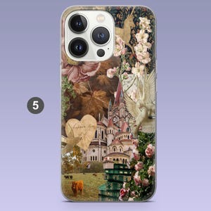 May include: A decorative phone case featuring a collage of a castle, doves, flowers, and a unicorn. The case has a brown and beige color scheme with a number 5 in a white circle in the corner.