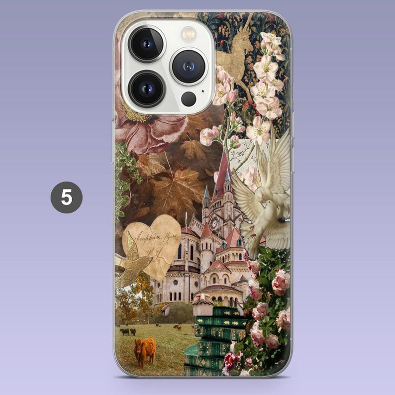 May include: A decorative phone case featuring a collage of a castle, doves, flowers, and a unicorn. The case has a brown and beige color scheme with a number 5 in a white circle in the corner.