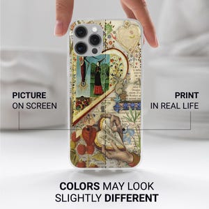 May include: A clear phone case with a collage design. The design includes vintage illustrations, text, and a heart-shaped embellishment. The text on the case reads "Picture on Screen" and "Print in Real Life". The bottom of the case reads "Colors may look slightly different".