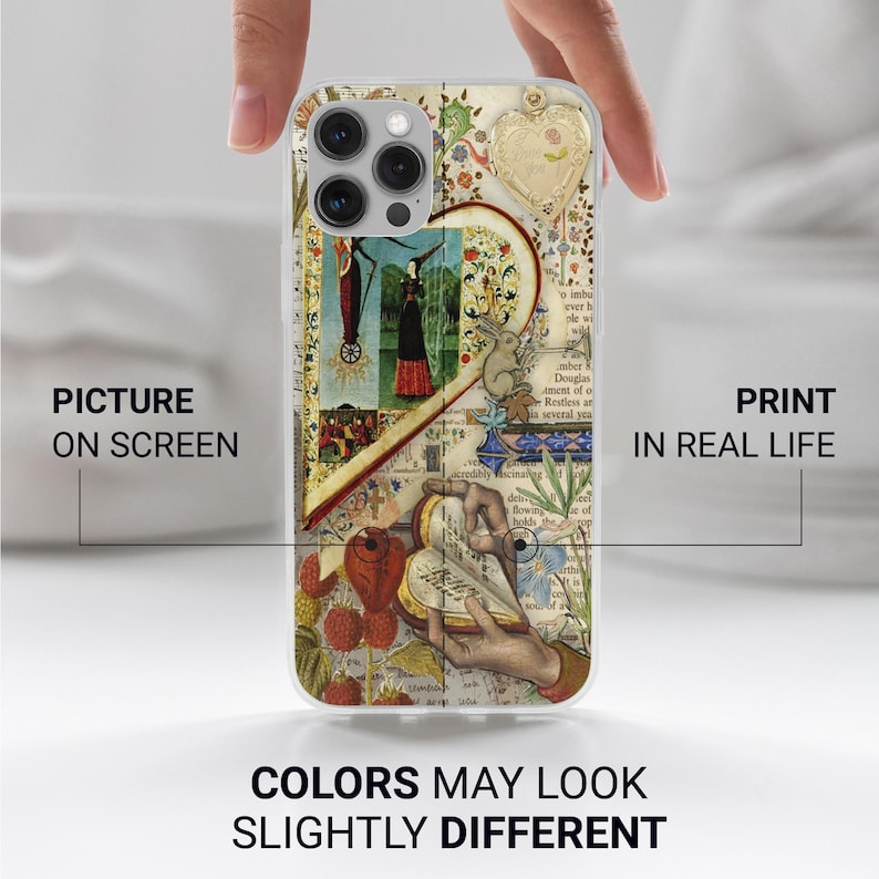 May include: A clear phone case with a collage design. The design includes vintage illustrations, text, and a heart-shaped embellishment. The text on the case reads "Picture on Screen" and "Print in Real Life". The bottom of the case reads "Colors may look slightly different".