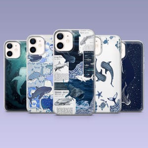 May include: Set of five phone cases featuring different blue and white designs with various shark and ocean-themed illustrations. The designs include a collage of sharks, a whale shark, a starry night sky, and a simple design with a shark and a turtle.