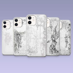 May include: Five white phone cases featuring detailed black and grey gothic illustrations. The designs include angels, elaborate patterns, and script-like text, set against a light purple backdrop.