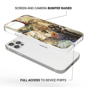May include: Clear phone case with a detailed painting design. The case features a raised screen and camera bumper for protection and full access to device ports. The artwork includes figures in various colors.