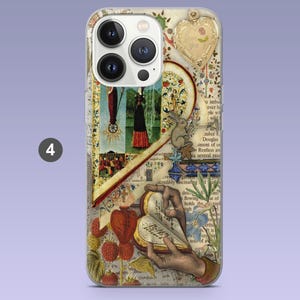 May include: A clear phone case with a collage design. The design includes illustrations of a rabbit, a heart-shaped locket with the words "I love you", and a person reading a book. The case has a vintage aesthetic with a light background.