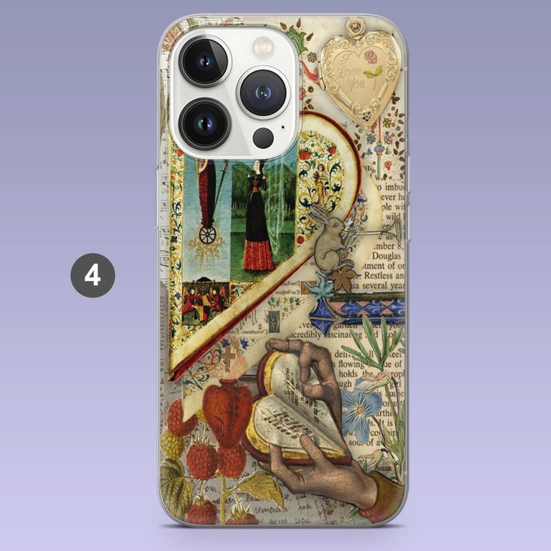 May include: A clear phone case with a collage design. The design includes illustrations of a rabbit, a heart-shaped locket with the words "I love you", and a person reading a book. The case has a vintage aesthetic with a light background.