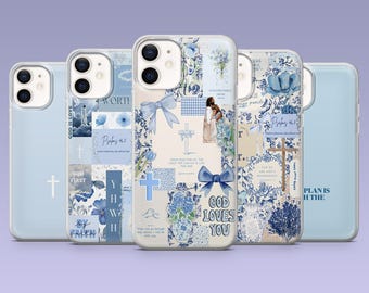 Blue Christian Phone Case Jesus Collage Catholic Cover for iPhone 16,15, 14,13,12 Samsung S25Fe,S24,S23,S22,A16,A26,A56 Pixel 9Pro,8A,7