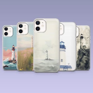 May include: Five different phone cases with lighthouse designs. The cases are clear and show the designs through the plastic. The designs include a lighthouse on a rocky shore, a lighthouse on a beach, a lighthouse on a cliff, a lighthouse on a lake, and a lighthouse on a sea.