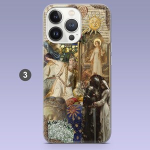 May include: A phone case featuring a collage of classical art. The design includes images of figures in historical attire, a sun, and text fragments. The case has a clear border and a number "3" on the side.