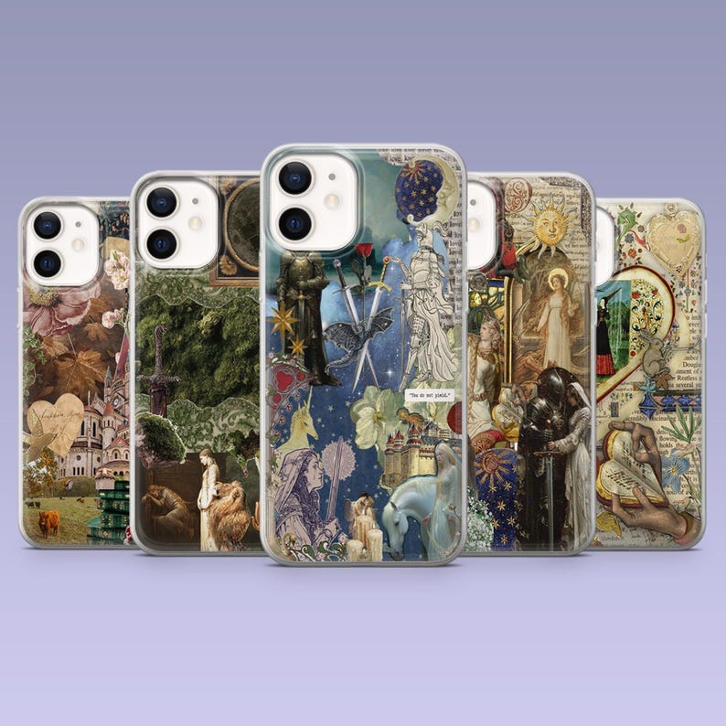 May include: A collection of phone cases with unique collage designs. Each case features a different artistic theme, including medieval figures, celestial elements, and floral accents. The cases are arranged in a row, showcasing their diverse artwork.