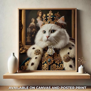 May include: A white cat wearing a gold and green crown and a fur-trimmed robe. The cat is sitting in a painting with a gold frame.