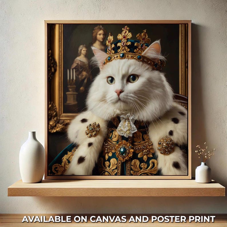 May include: A white cat wearing a gold and green crown and a fur-trimmed robe. The cat is sitting in a painting with a gold frame.