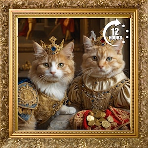 May include: A golden framed portrait featuring two cats dressed in royal attire, wearing crowns. One cat is in a blue and gold outfit, the other in a gold gown. Gold coins are on a red cloth. The image includes the text "12 HOURS".