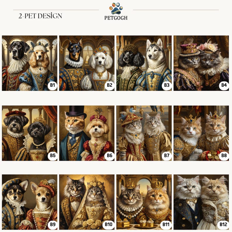 PetGogh Royal design selection chart: Two-pet design selection chart (B1-B12).