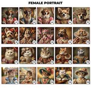 May include: A collage of 20 images featuring various pets dressed in elaborate, colorful, and regal attire. Each pet is depicted in a portrait style, with a crown or other headwear, and a background that suggests a royal setting. The images are labeled with numbers from F1 to F20.