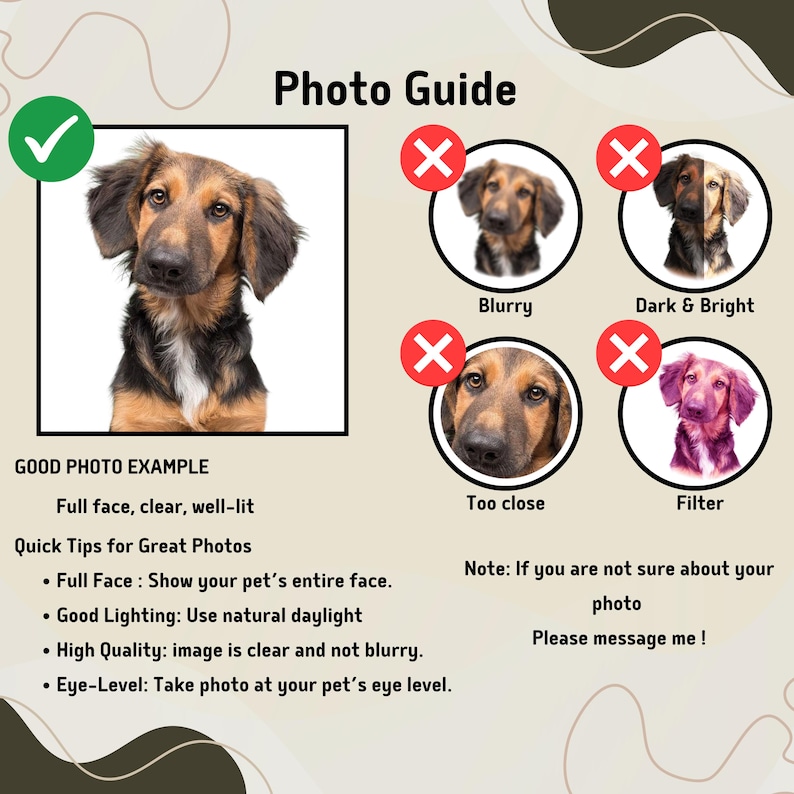 May include: A guide for taking good photos of pets for custom portraits. The guide shows a good example of a photo with a dog's full face, clear, and well-lit. It also shows examples of bad photos, including blurry, dark and bright, too close, and filtered photos.