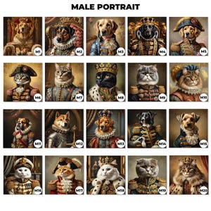 May include: A collage of 20 images featuring various animals dressed in regal attire. Each image depicts a different animal, including dogs, cats, and a rabbit, wearing elaborate costumes and accessories, such as crowns, capes, and swords. The images are arranged in a grid pattern, with each image labeled with a number from M1 to M20.