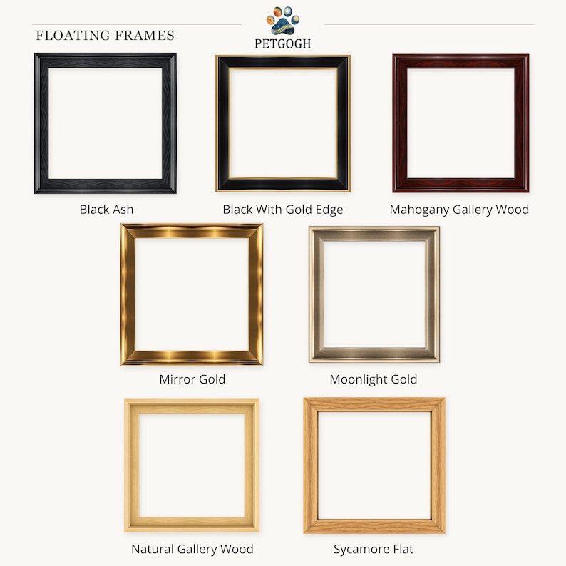 PetGogh Floating frame finish guide: seven options for custom pet portraits, from Black Ash to Sycamore Flat. Illustrative visualization; profile not to scale.