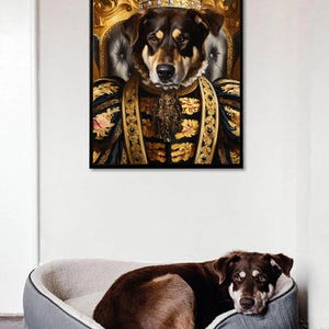 May include: A brown and black dog wearing a gold crown and a black and gold robe, sitting on a gold throne. The dog is looking directly at the viewer.