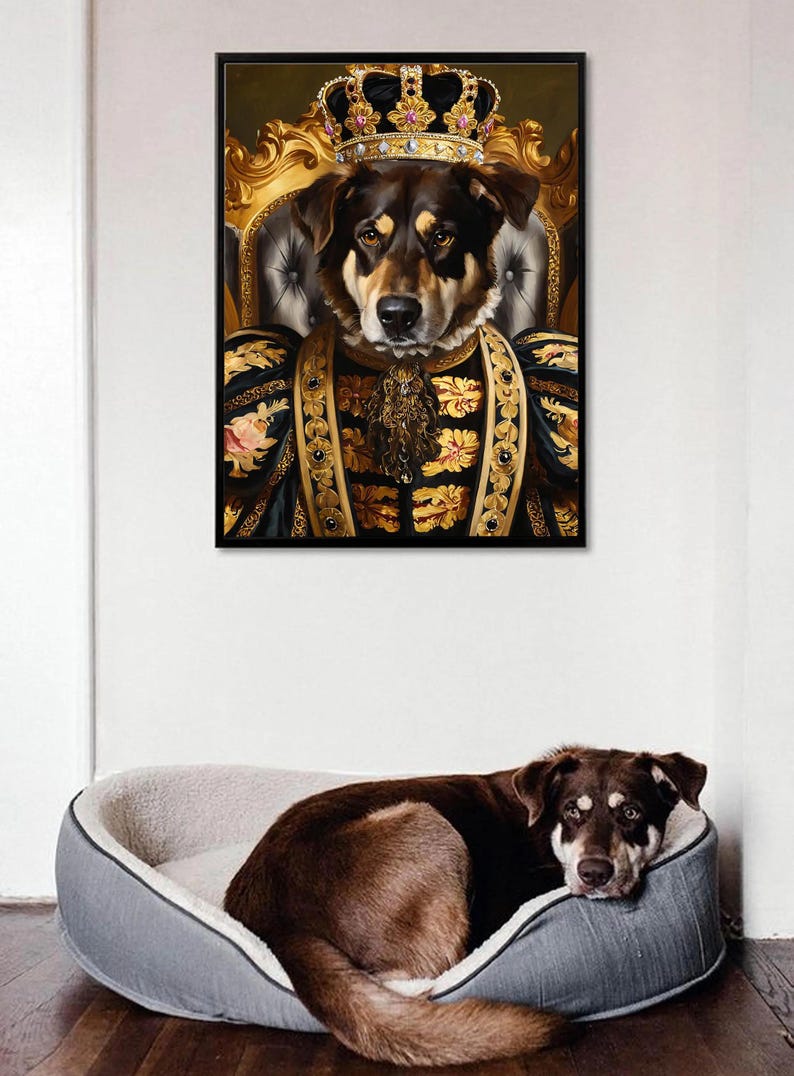 May include: A brown and black dog wearing a gold crown and a black and gold robe, sitting on a gold throne. The dog is looking directly at the viewer.