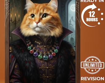 Custom Gothic Royal Cat Portrait – Personalized Renaissance Pet Canvas, Halloween Pet Gift