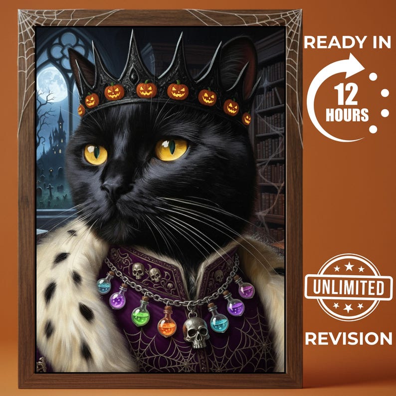 Custom Halloween Pet Portrait, Funny Black Cat Art, Spooky Wall Decor ...