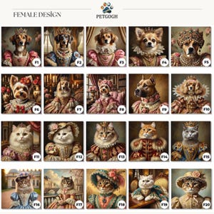 PetGogh Royal design selection chart: Female design selection chart (F1-F20).