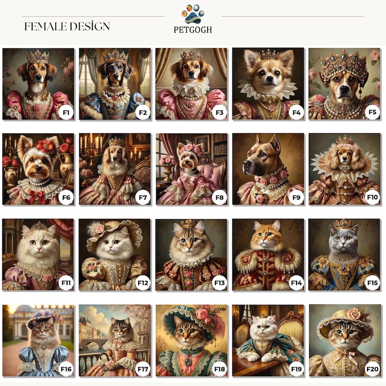 PetGogh Royal design selection chart: Female design selection chart (F1-F20).