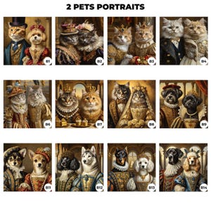 May include: A collage of 12 digital pet portraits. Each portrait features two pets dressed in royal attire, with a gold background and ornate details. The portraits are labeled with letters B1 through B14.