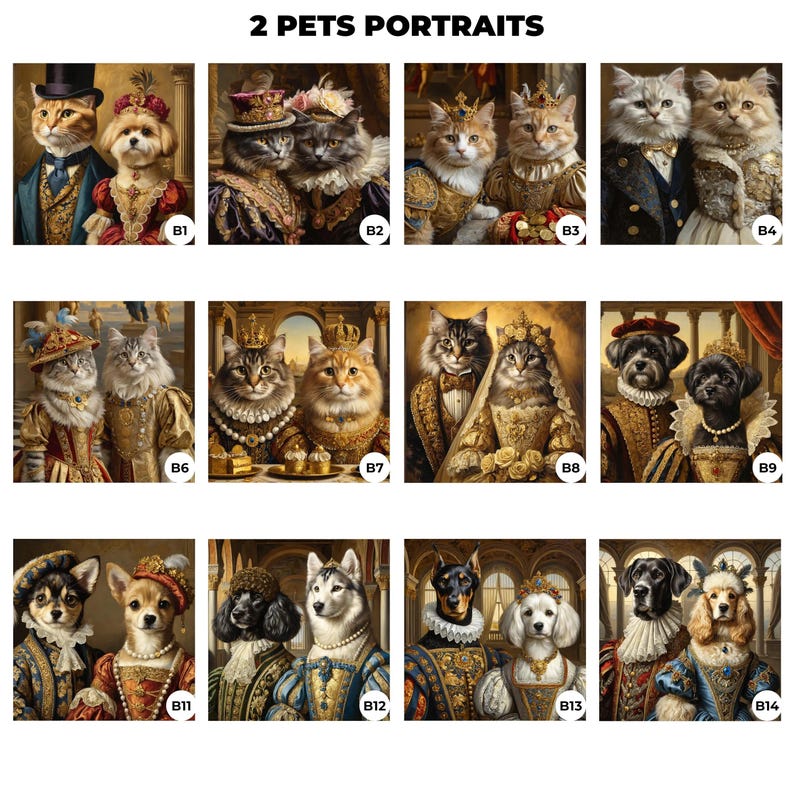 May include: A collage of 12 digital pet portraits. Each portrait features two pets dressed in royal attire, with a gold background and ornate details. The portraits are labeled with letters B1 through B14.