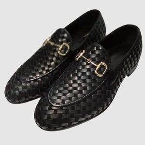 Handmade Black Woven Leather Loafers: Italian Style Horsebit Slip-Ons