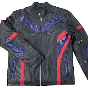 Genuine Leather Superhero Jacket | Black Biker Jacket Red Blue Panels | Handmade Men&#39;s Cosplay Jacket | Streetwear & Casual Coat