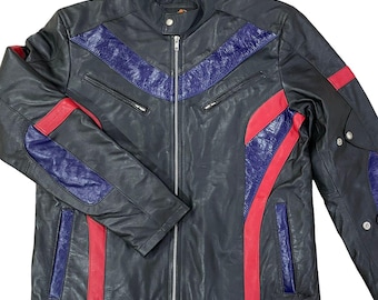 Handmade Leather Superhero Biker Jacket: Black, Red & Blue Cosplay Coat