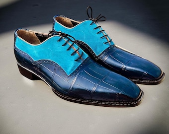 ハンドメイドのツートンオックスフォードドレスシューズ：クロコダイル型押しレザー＆スエード