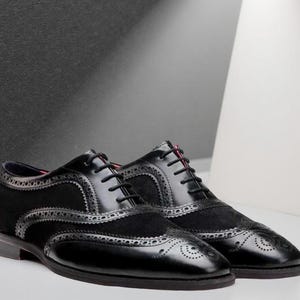Handmade Black Leather & Suede Oxford Brogues: Men&#39;s Formal Dress Shoes