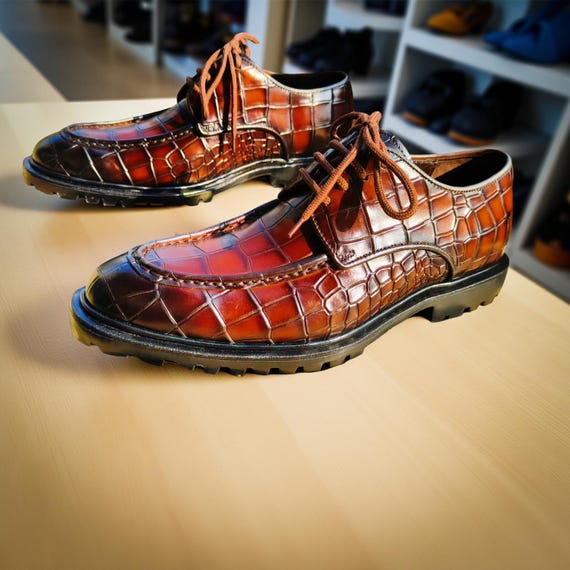 Handmade Crocodile Embossed Leather Derby Shoes: Men's Formal Dress Footwear