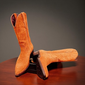 Handmade Suede Cowboy Boots: Orange-Tan Western Style, Dainite Sole